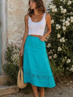 EY Signature 100% Linen Midi Skirt Size L Aqua Teal Eyelet Hem Boho Cottagecore